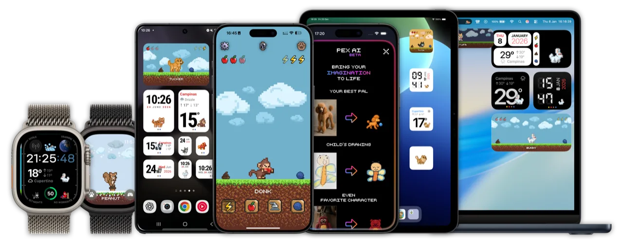 Pex running on iPhone, Apple Watch, iPad and Mac