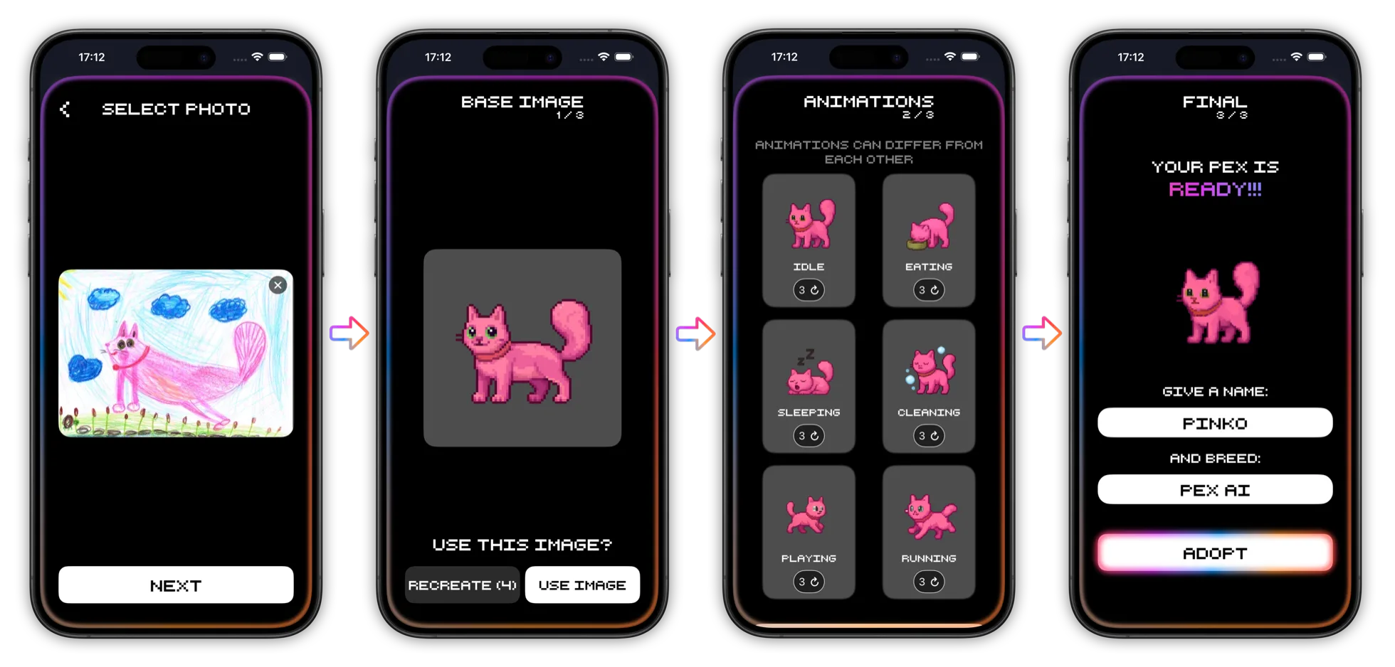 Pex AI step-by-step flow: select a photo, generate the base pixel pet, pick its animations, then adopt it