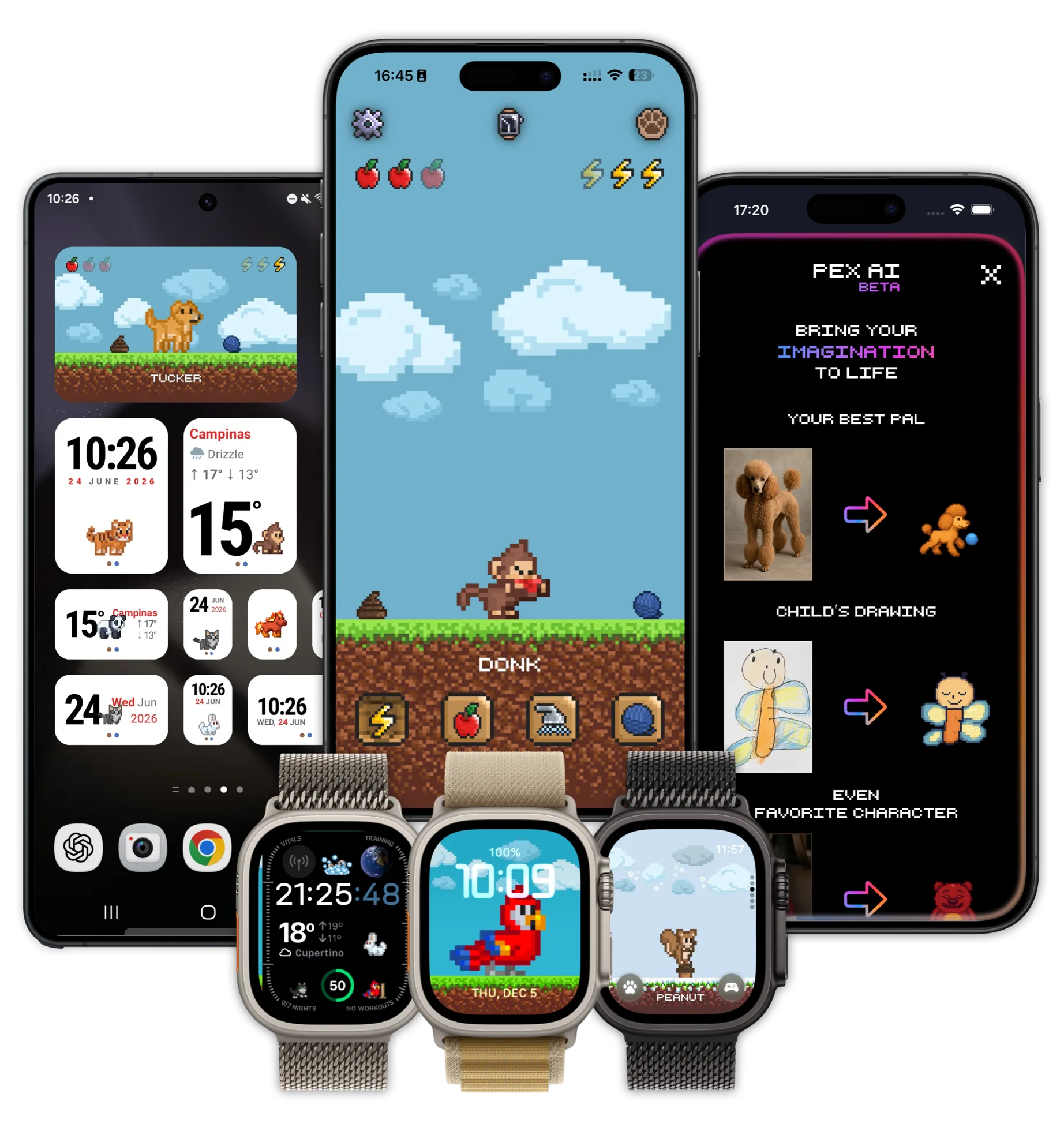 Pex running on iPhone, Apple Watch, iPad and Mac